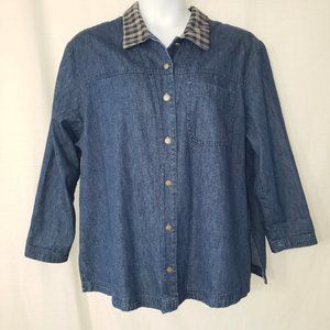 Studio Ease Sz 18W (XL) Blue Denim Button Down Top Long Sleeve Plaid Collar A321